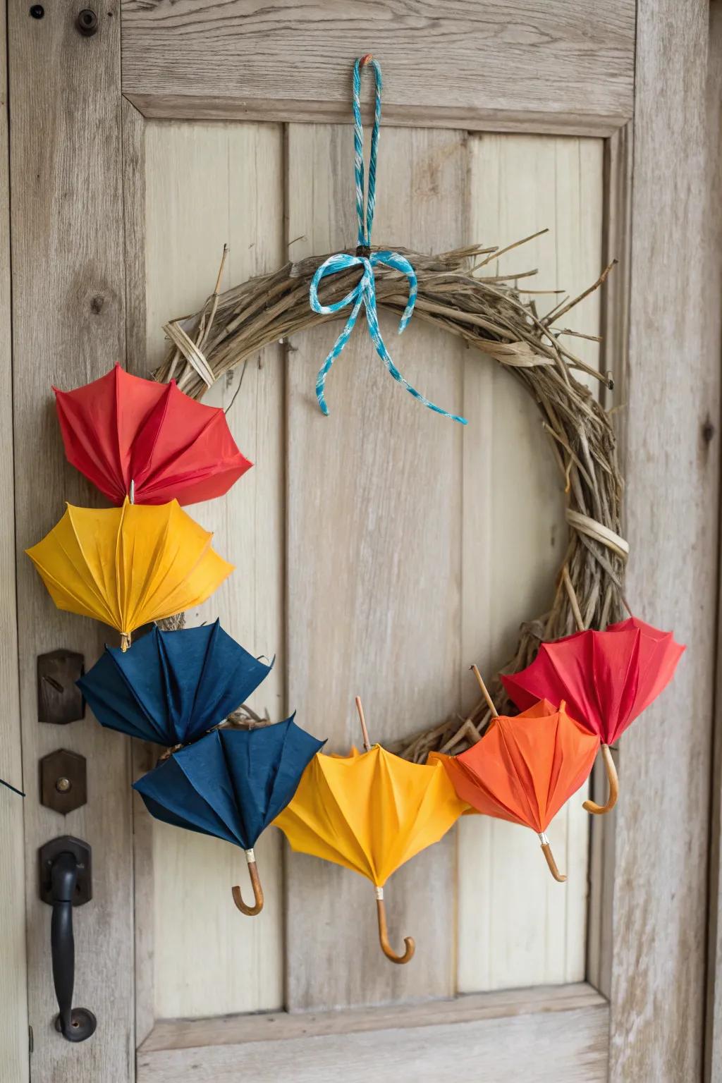 Welcome each season with a whimsical touch of elegance—our handcrafted umbrella wreath is a charming addition to any door.