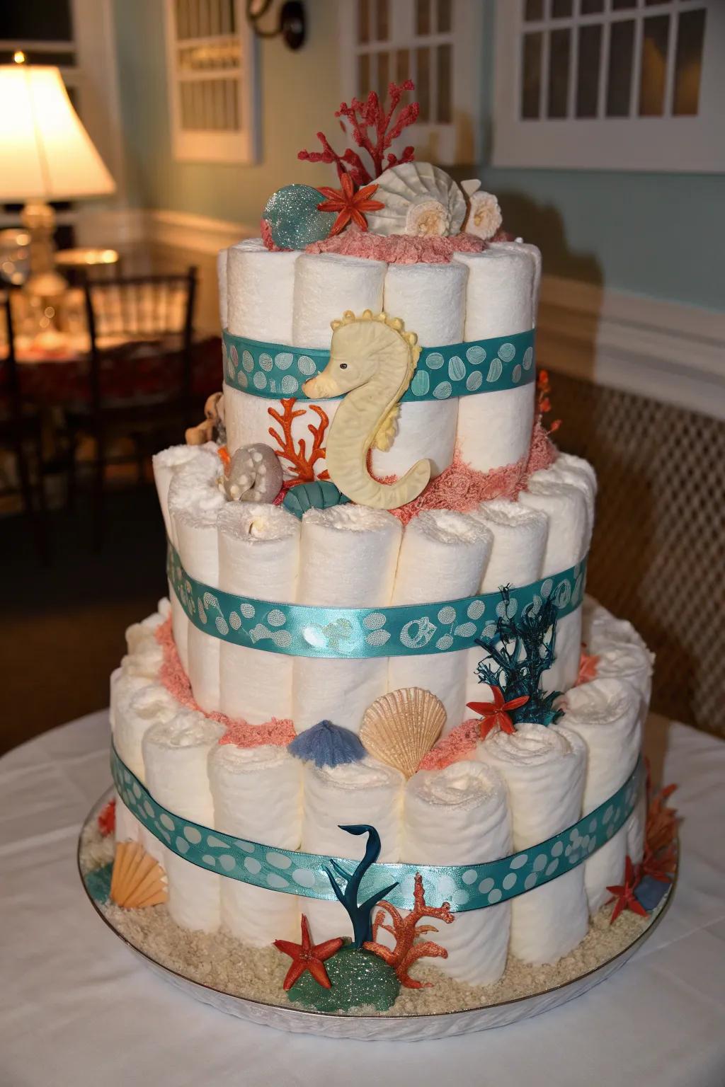 Submerge into creativity through this 'Subaquatic World' diaper cake, impeccable for generating excitement at any baby gathering!