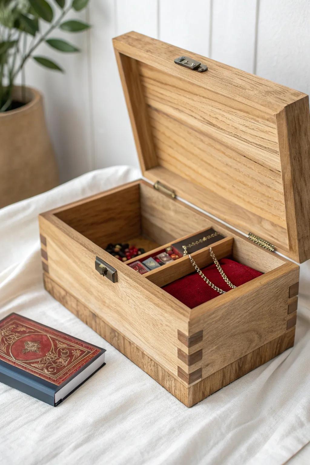 Unlock the mystery with this elegantly crafted timber casing, furnished with a concealed section for your cherished secrets.