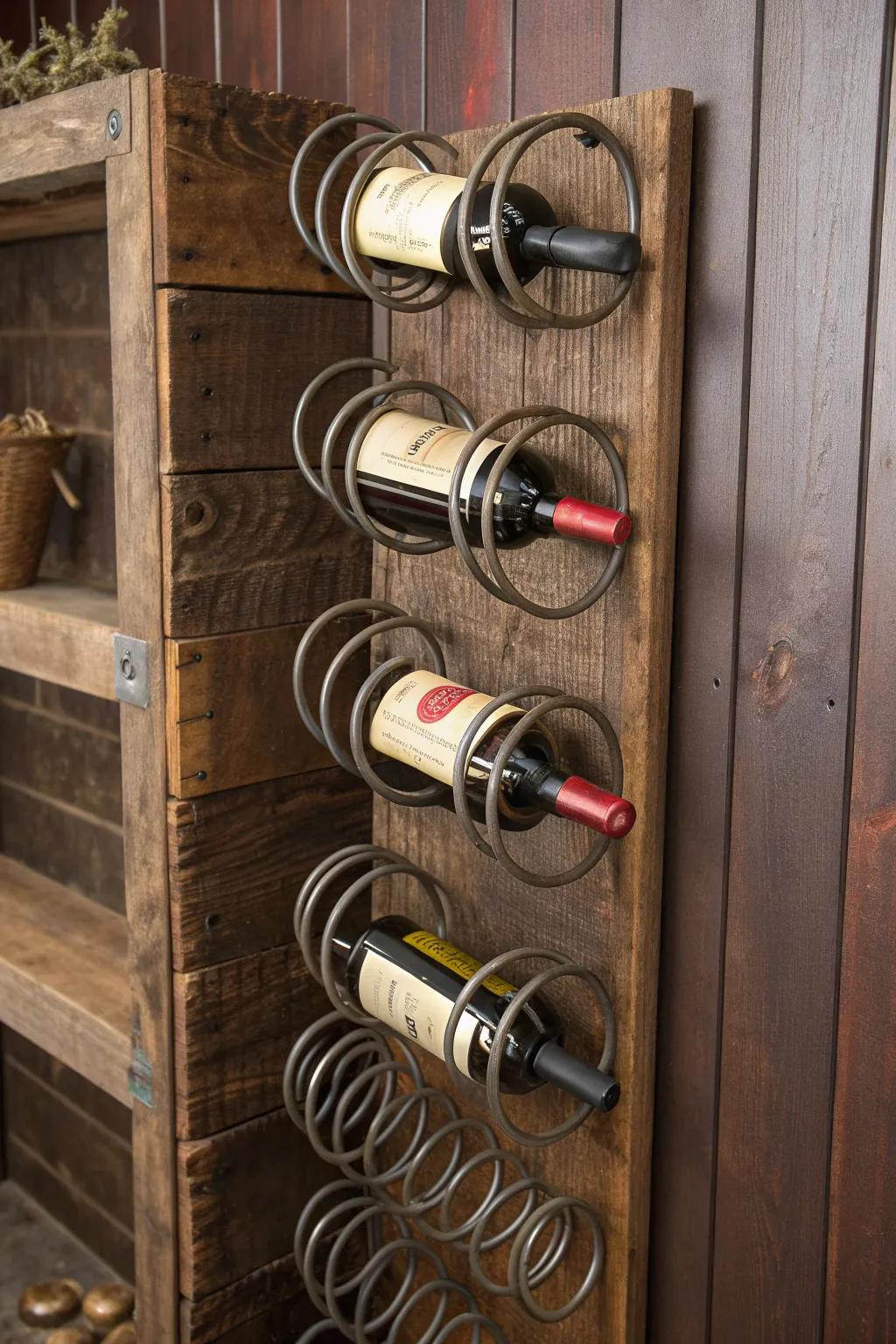 Elevate your home bar through a unique handcrafted wine shelf crafted from upcycled trampoline springs.