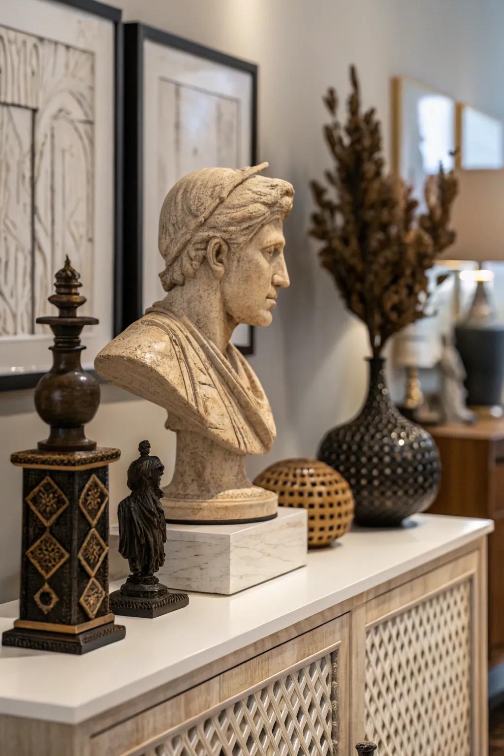 An artistic vignette enhanced by sculptures and art.