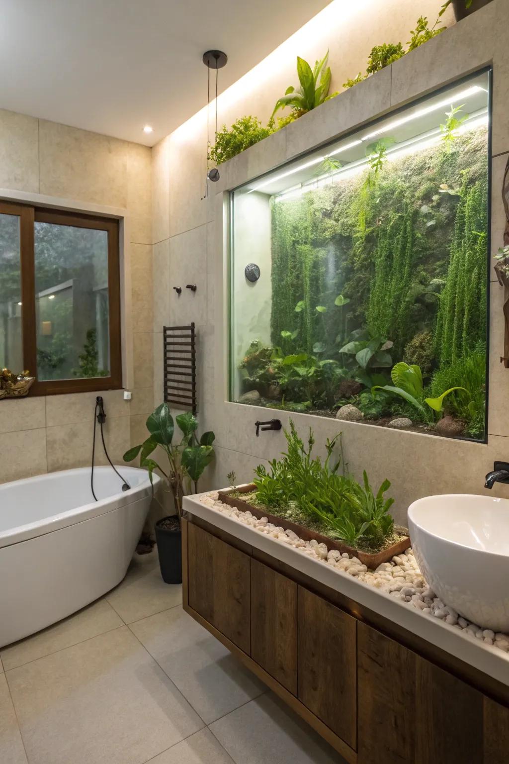 A bathing chamber transformed into a tranquil oasis through singular aquatic wall terrariums.