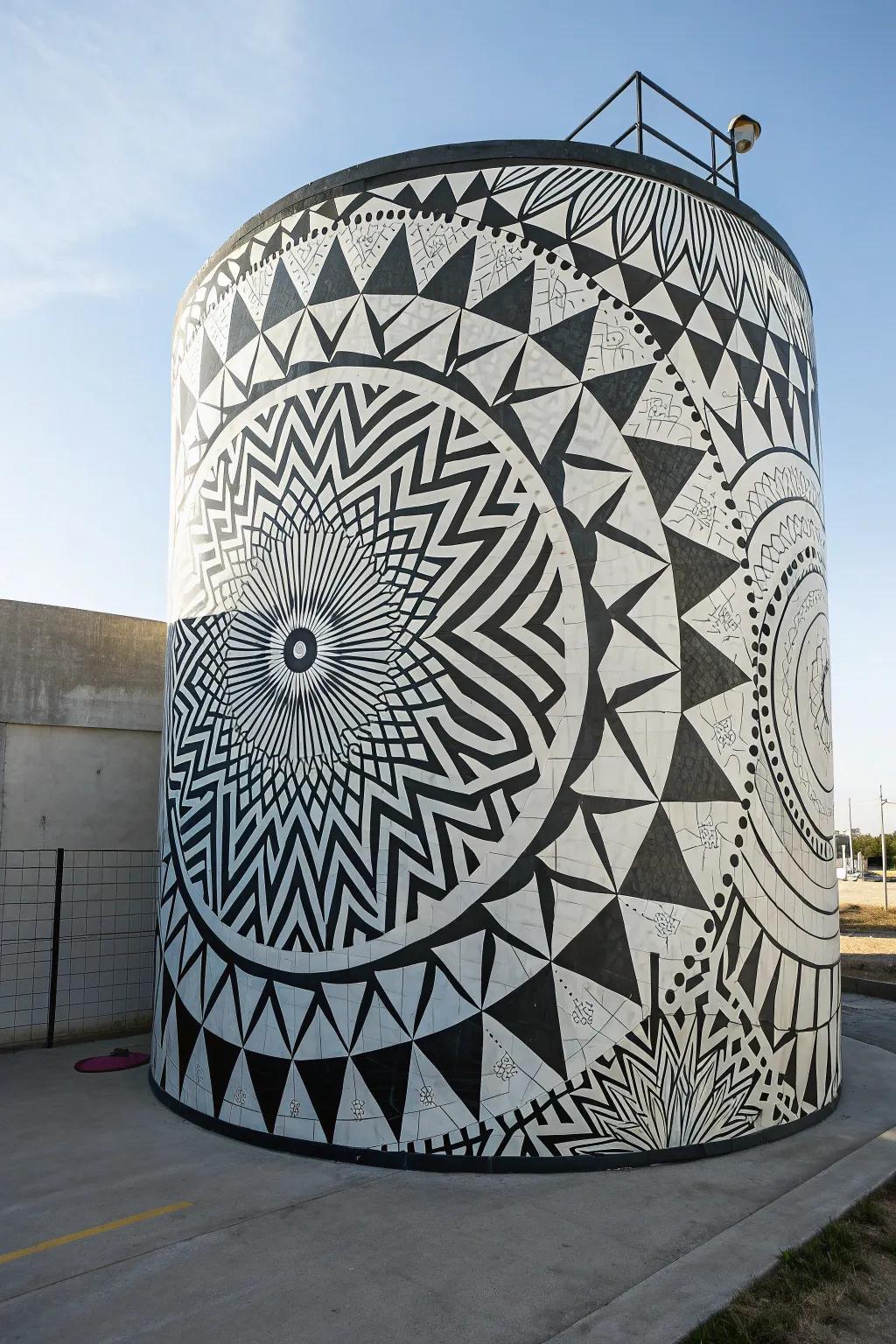 Transform your water container into a captivating masterpiece using optical art illusions.