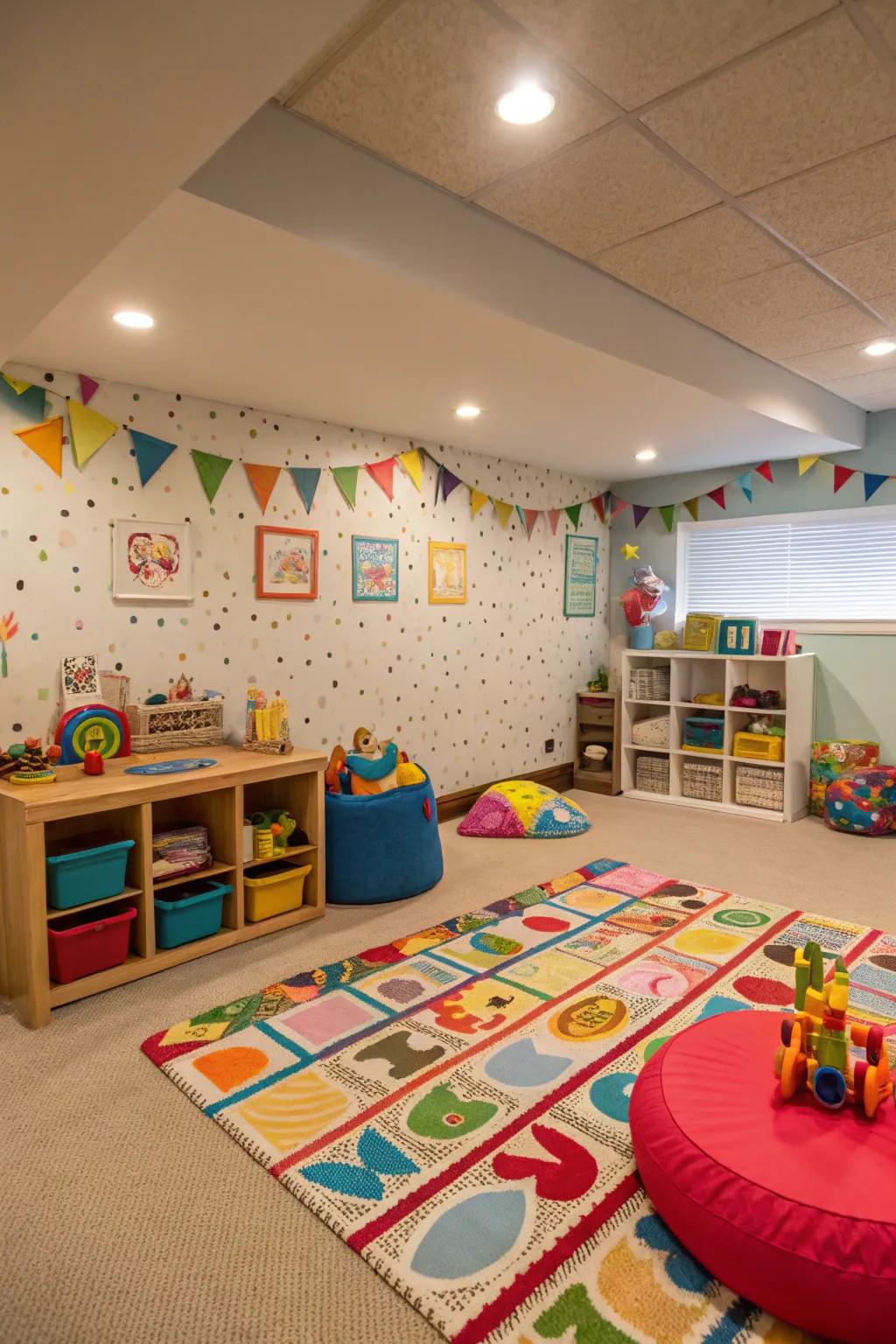 A playful children's area furnishes an entertaining, secure area within the basement.