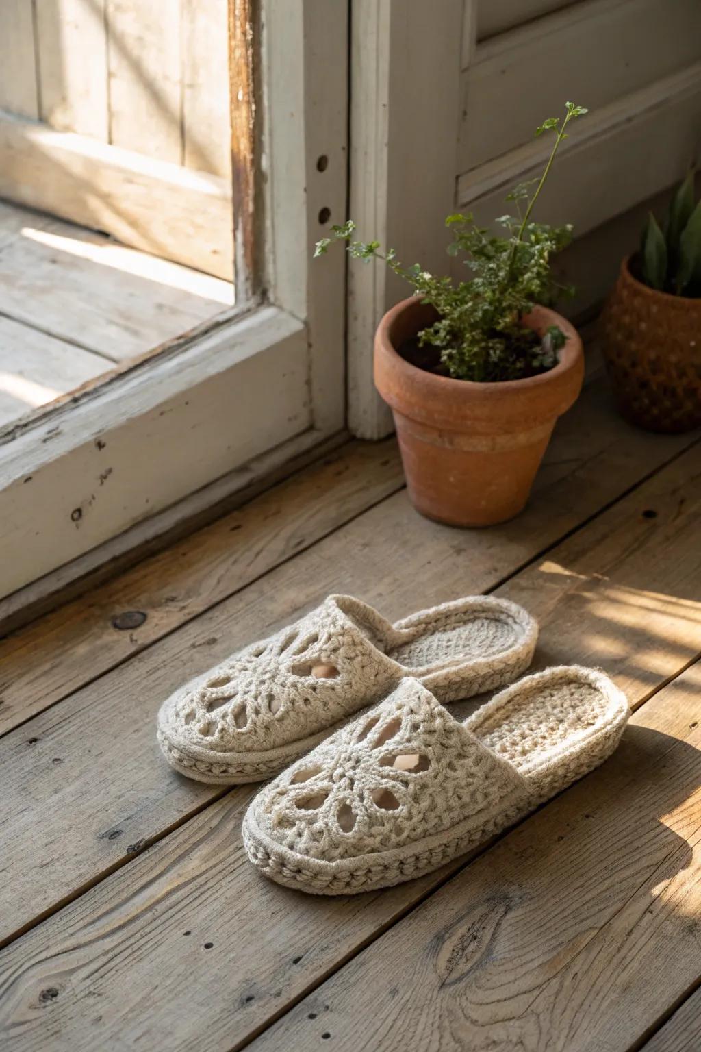 Step into warmth and flair with these cozy crochet house shoes, a flawless fusion of minimalist sophistication and boho allure.