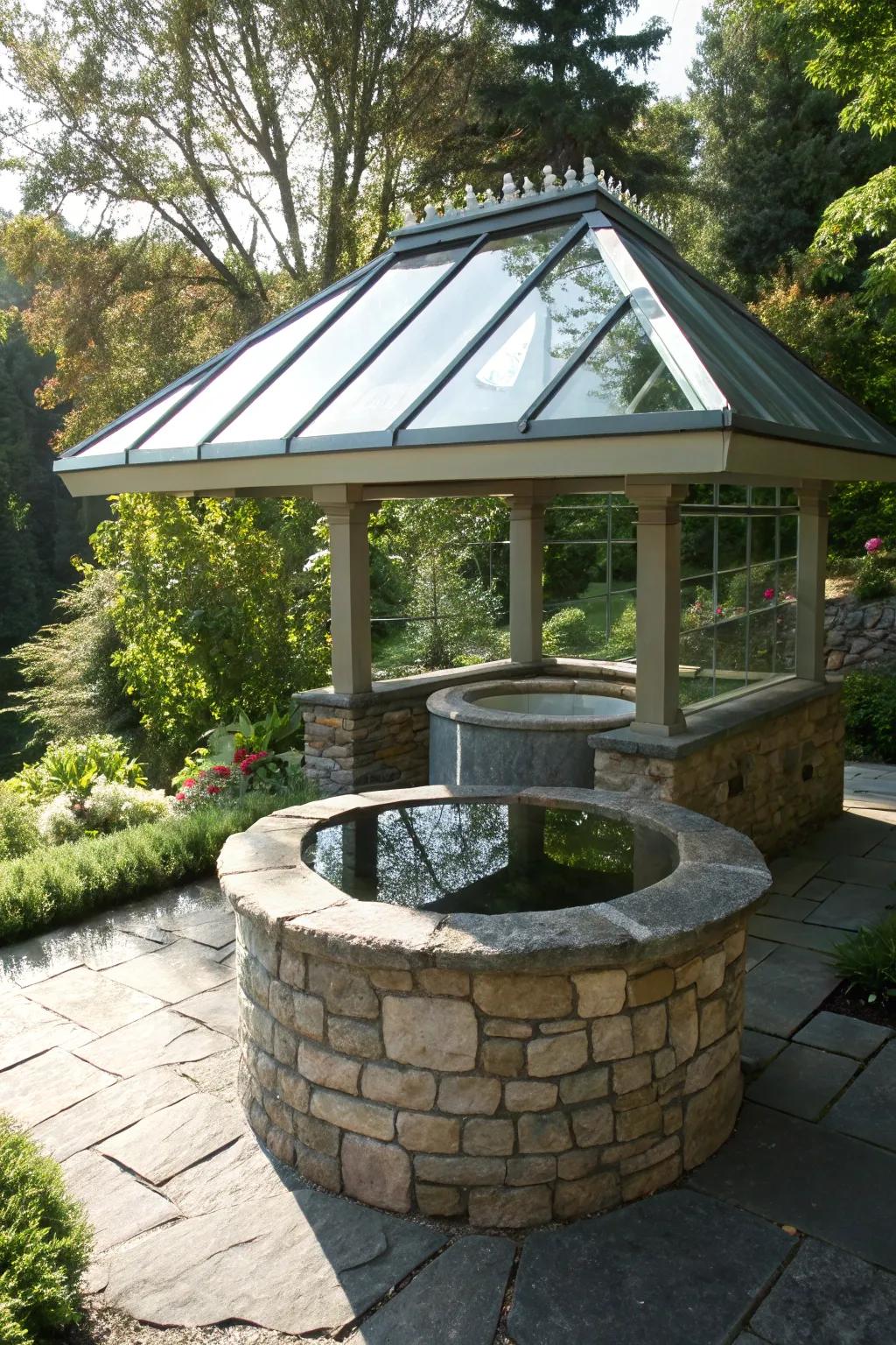Modern elegance converges with traditional charm using this stunning clear pane roof on a wishing well.