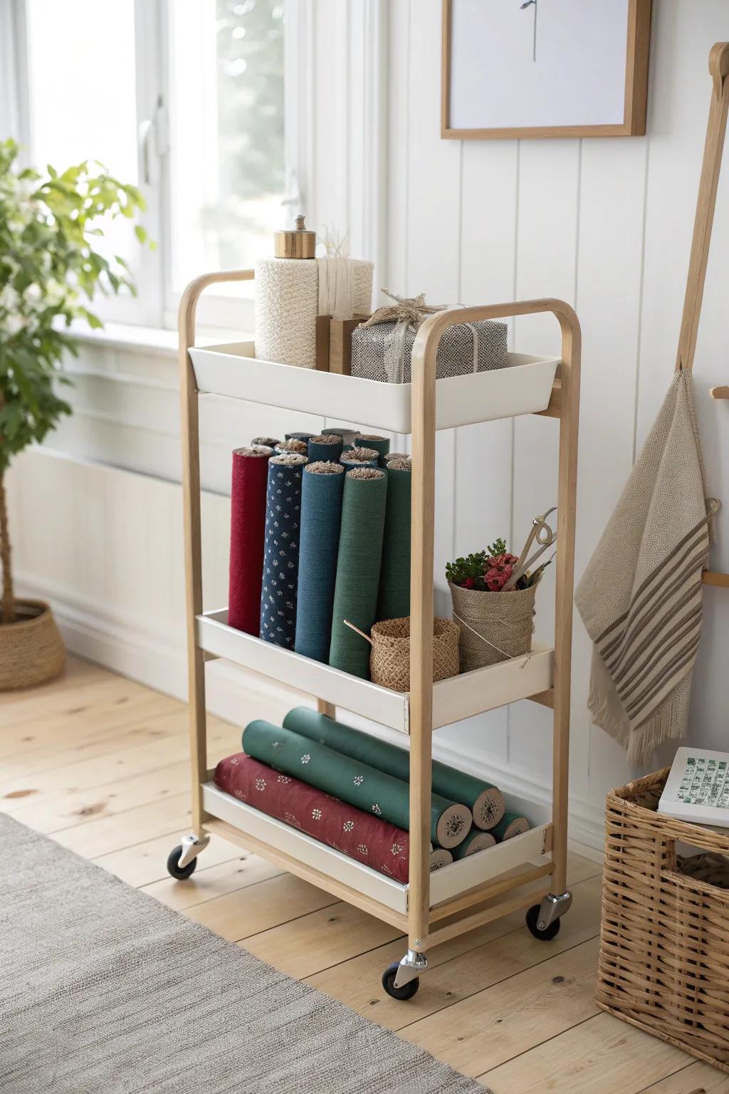 Make gift-wrapping a stylish affair with an elegant rolling cart, perfect for keeping your items arranged and ready to roll!