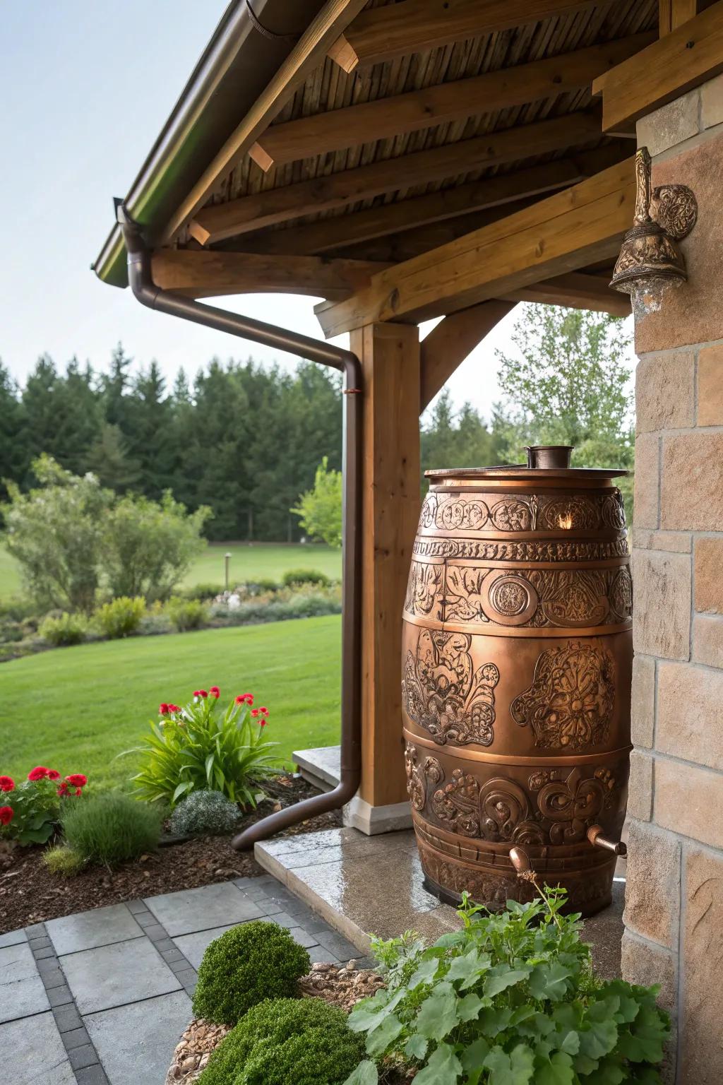 Elevate your outdoor space with a hint of artistry—embrace sustainable refinement with a copper rainwater collection system.