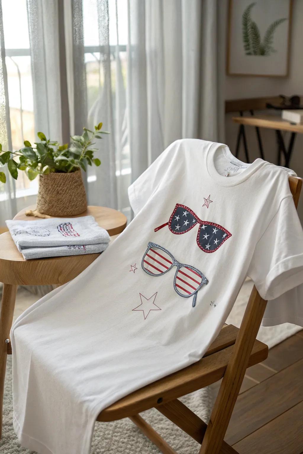 Retain effortless coolness this Independence Day with our chic aviator spectacles tee, melding understated elegance with patriotic panache.