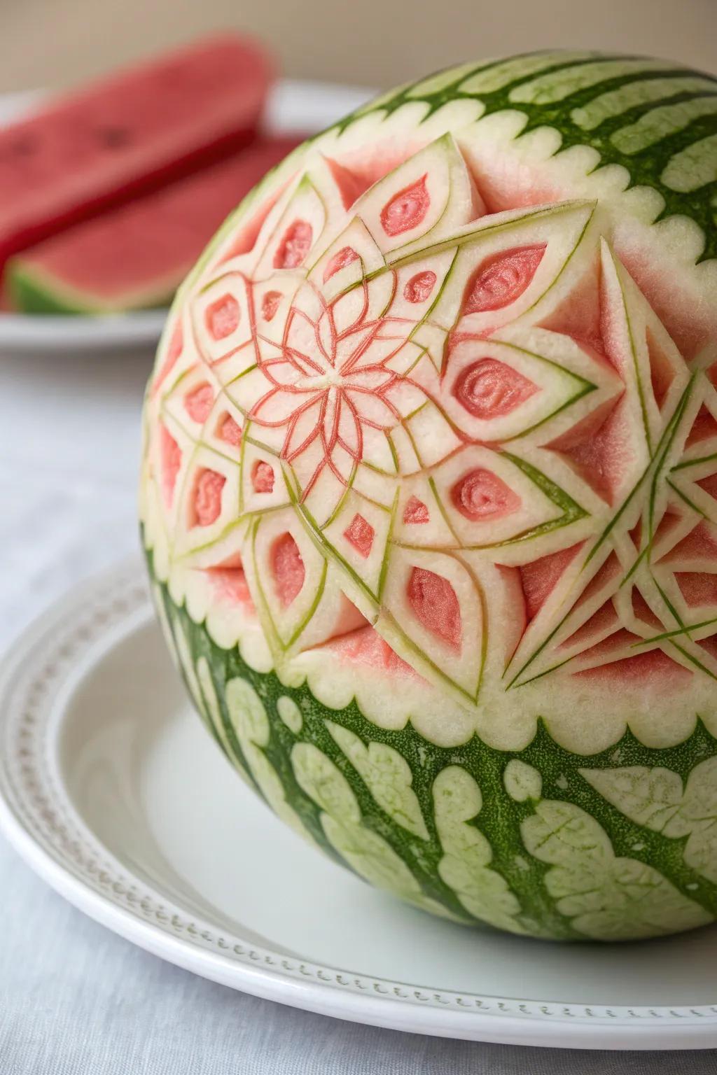 Uncover the artistry of tropical fruit sculpting with this striking mosaic masterpiece!