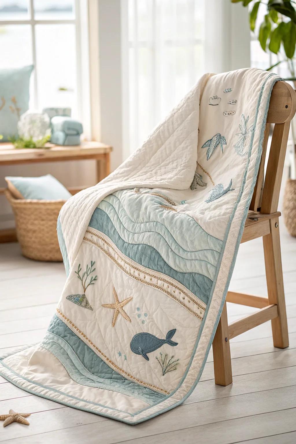 Dive into dreamland with this enchanting Maritime Ripples Quilt, where craftsmanship converges with coastal charm.