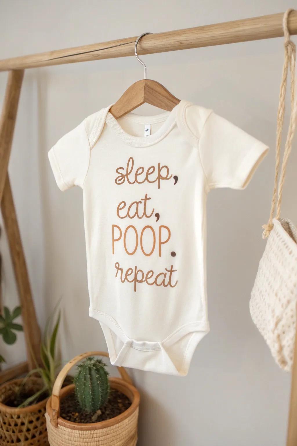 Capture the essence of baby life with simple style: 'Rest, Nibble, Soil, Repeat' – the ideal onesie for new caregivers.