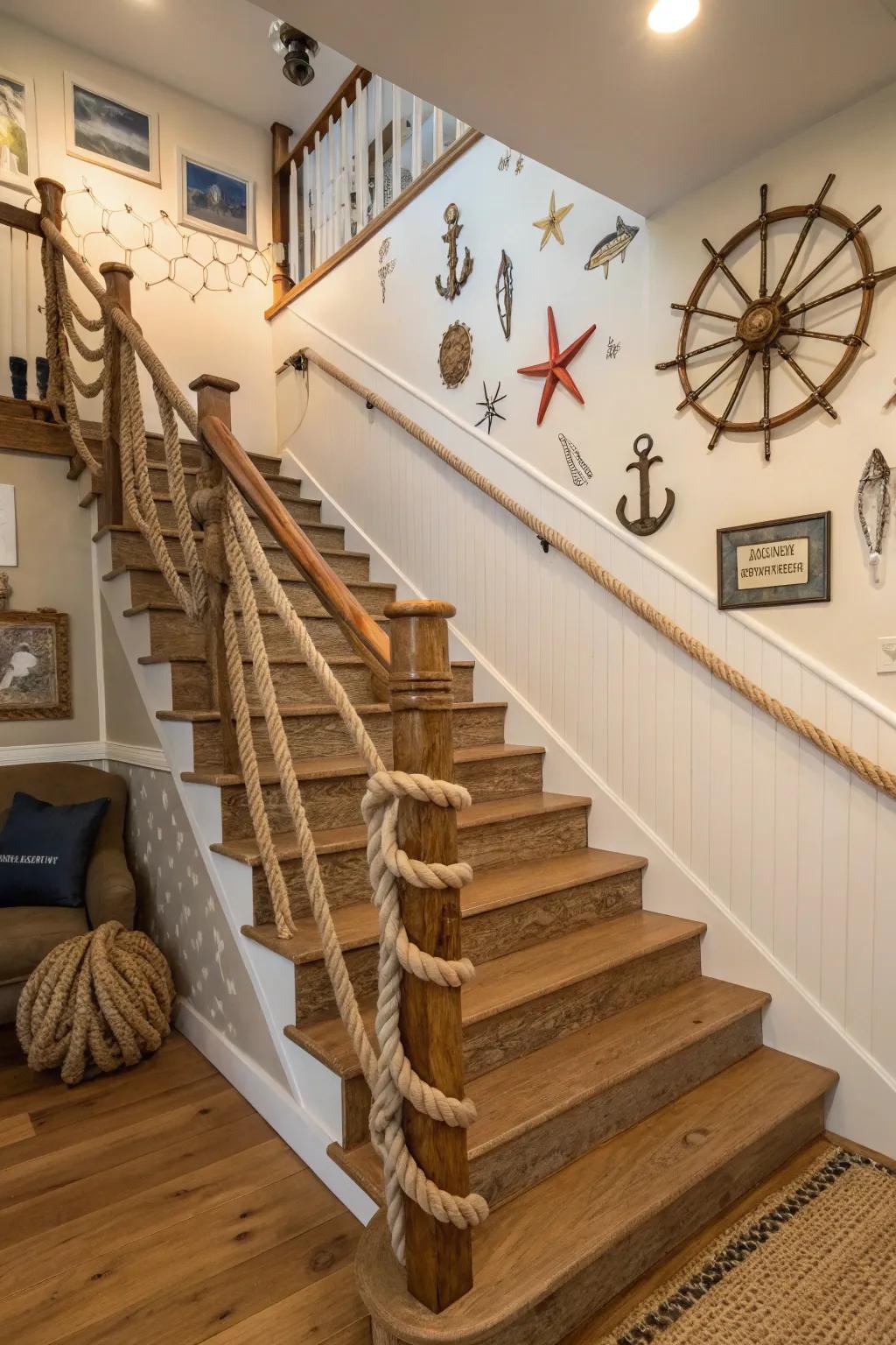 Cord railings bring a nautical flair and unique texture to basement stairs.