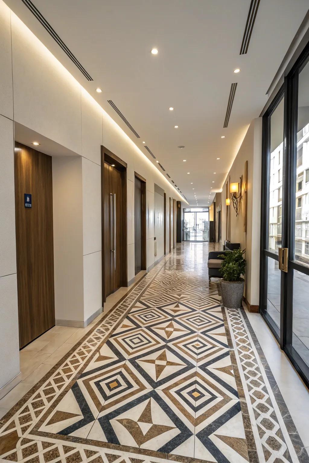 A patterned ground delivers modern pizzazz to the passageway.