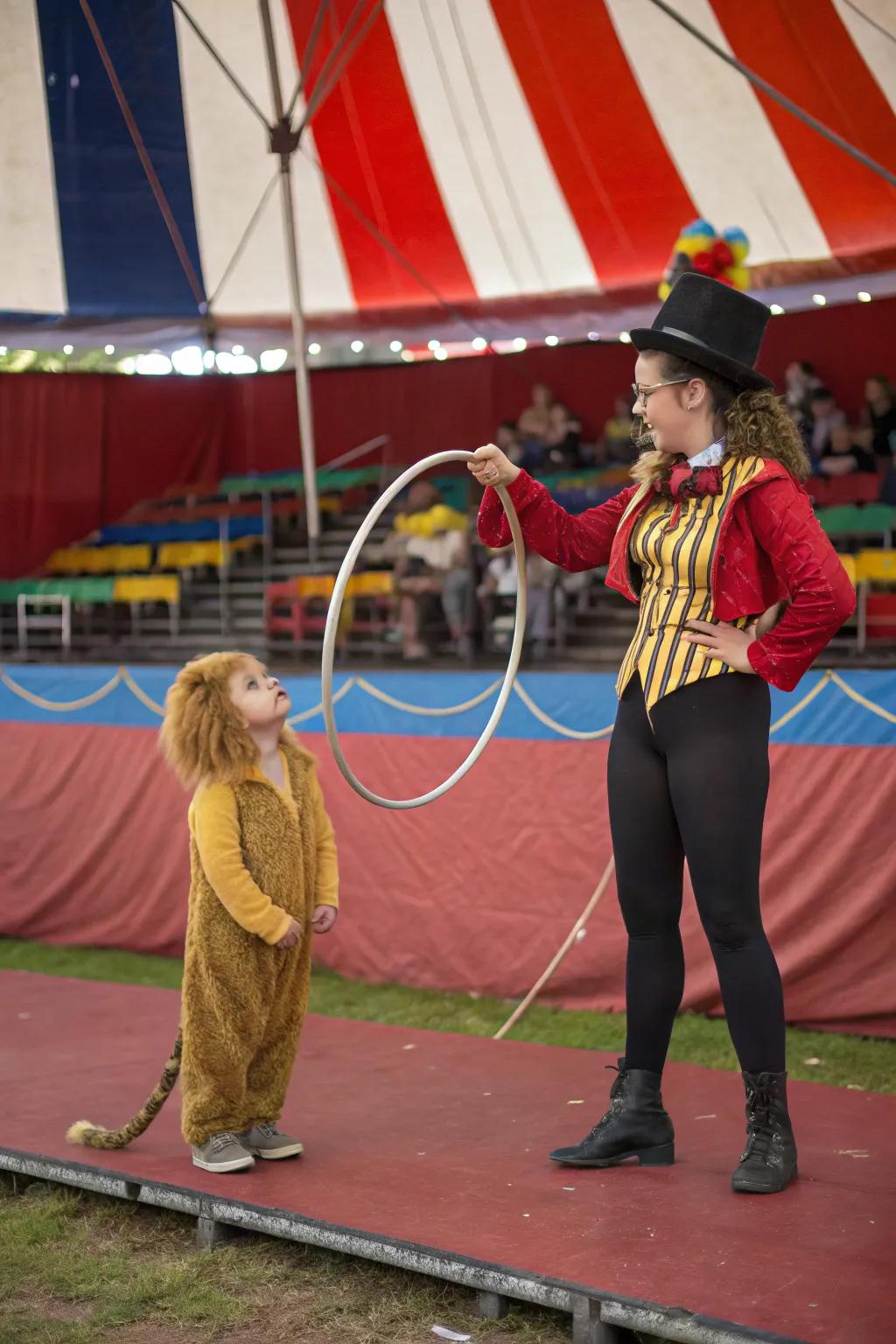 Join the circus amusement with a ringleader and her lion.