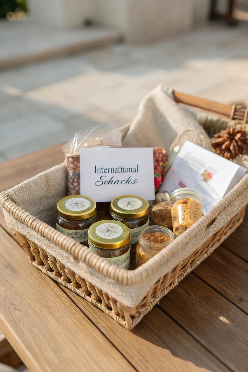 Embark on a global gourmet adventure with this curated birthday basket, perfect for the culinary explorer.