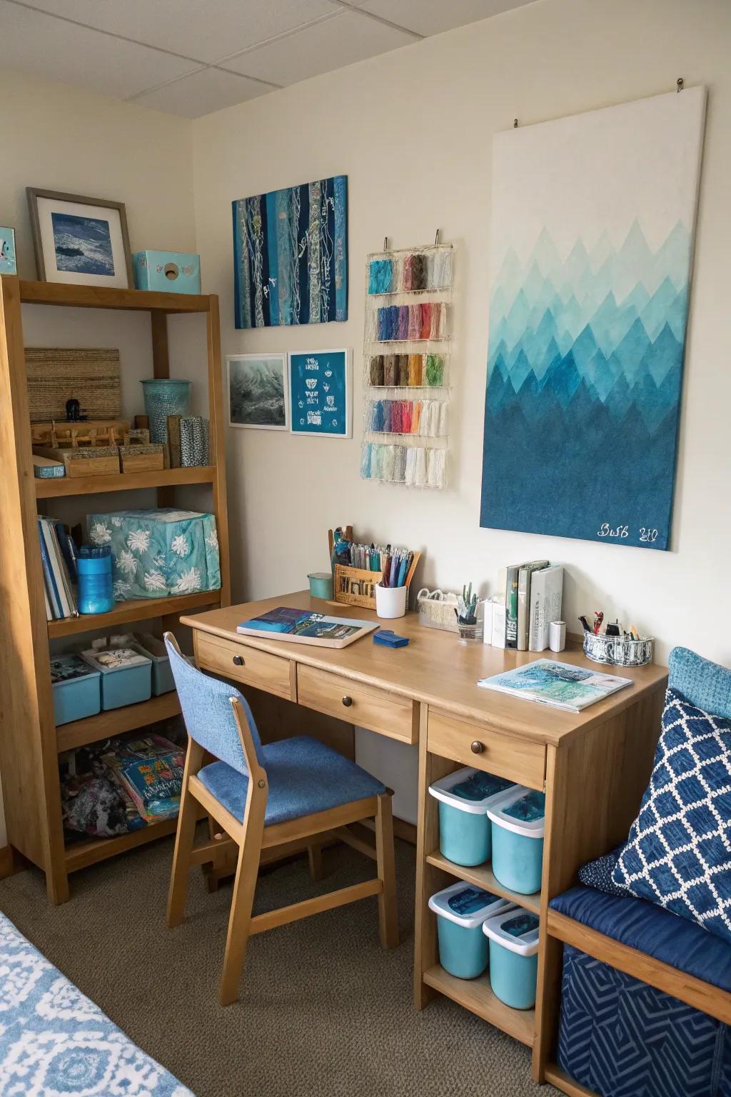 A DIY art nook contributes a creative and personal touch.