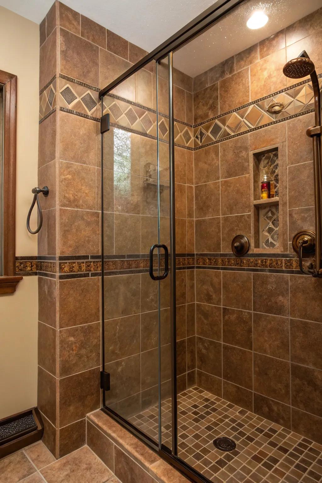 Bronze highlights elevate the opulence of chocolate tile showers.