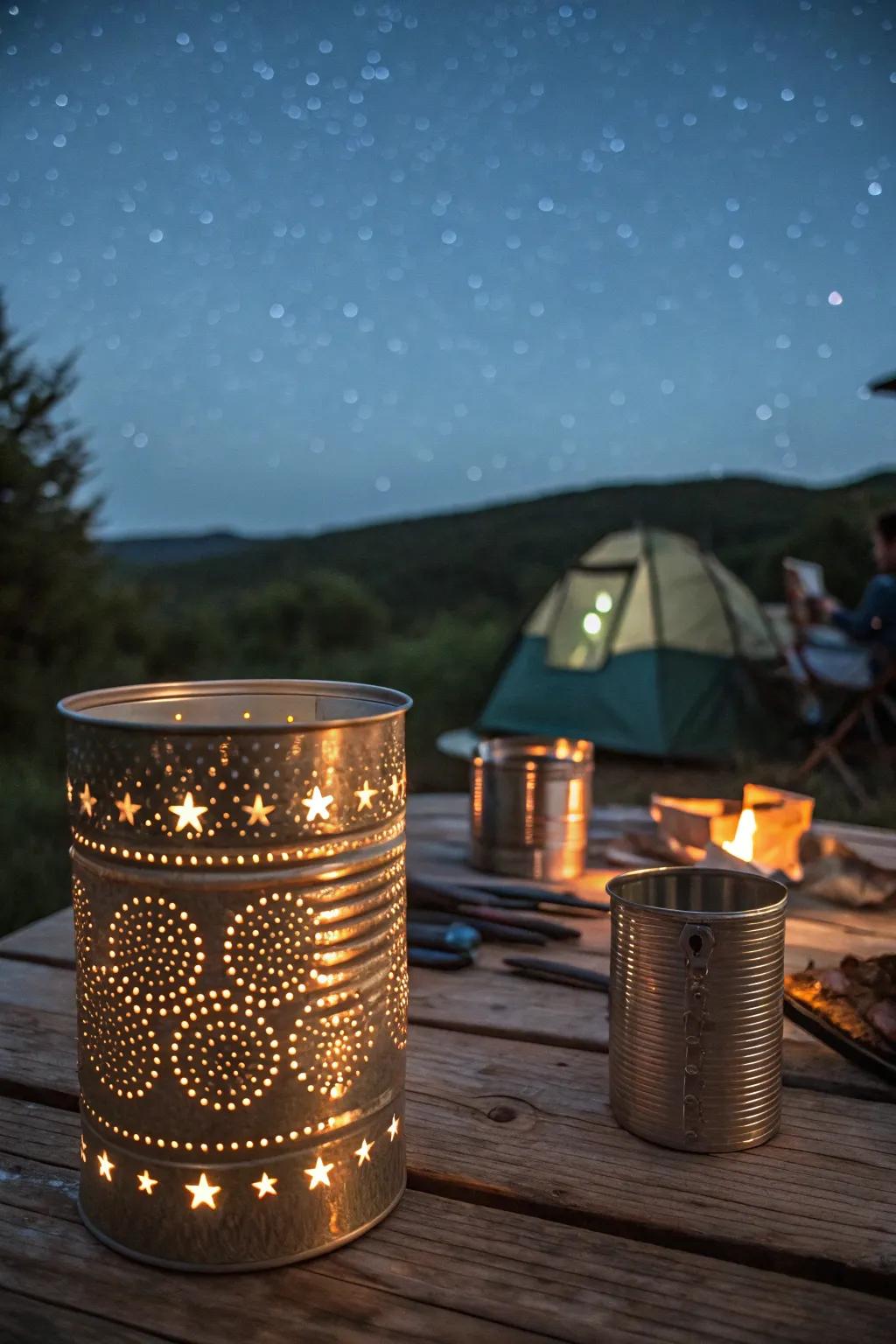 Brighten your campfire nights using handcrafted metal can luminaries.