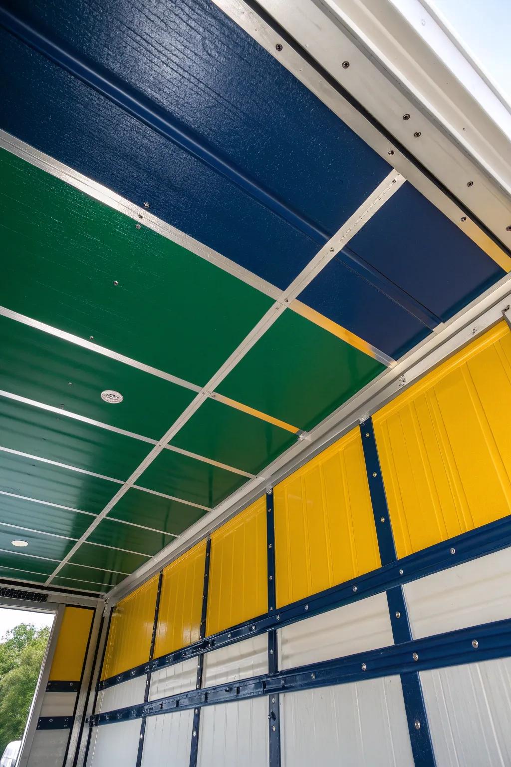 Revitalize your area using striking color blocking on your cargo trailer ceiling.