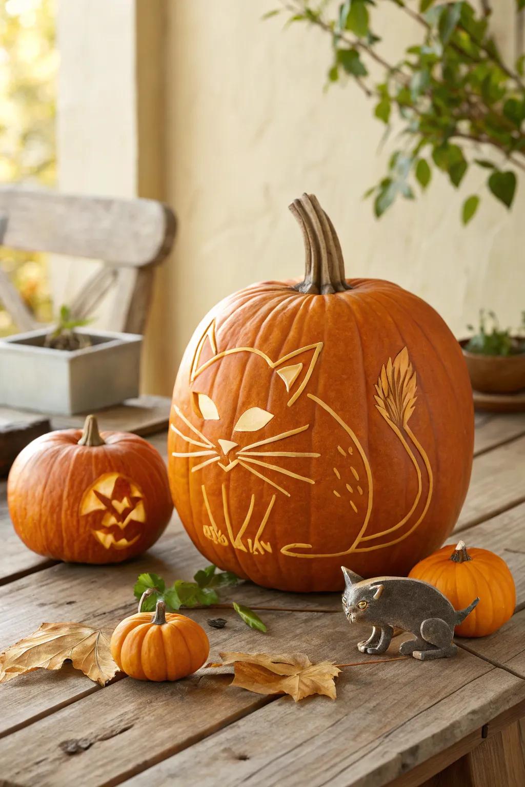 Celebrate autumn with charming feline and pumpkin companions, a delightful trio that conveys warmth and whimsy to your seasonal décor.