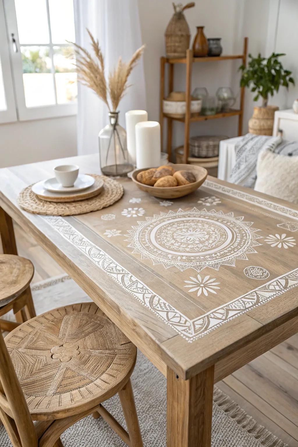 Transform your space with elegant stenciled designs that add a personal touch to your tabletop. #DIYBeauty #Craftsmanship