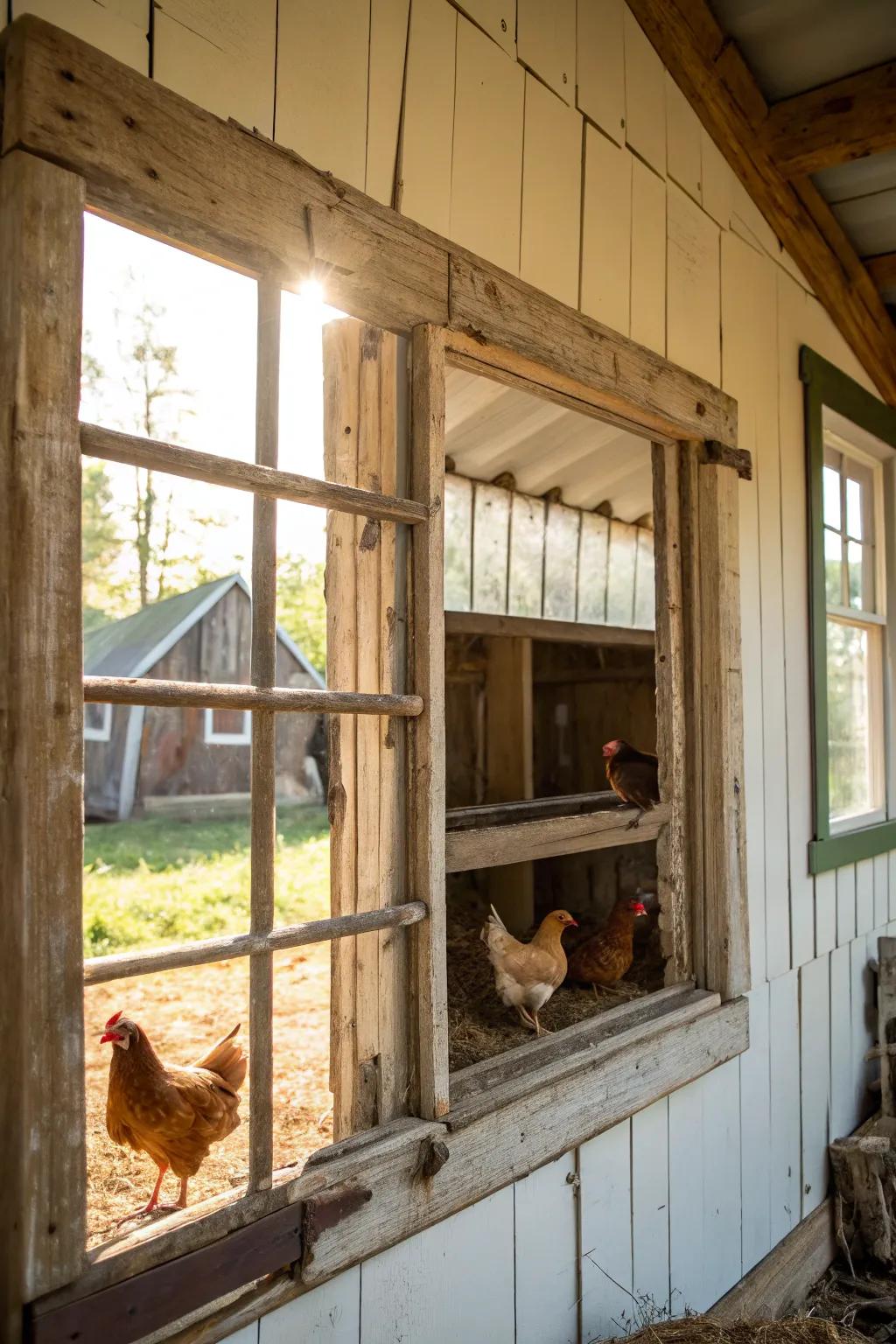 Craftsmanship at its zenith: A weathered light frame transformed into the ideal chicken perch.