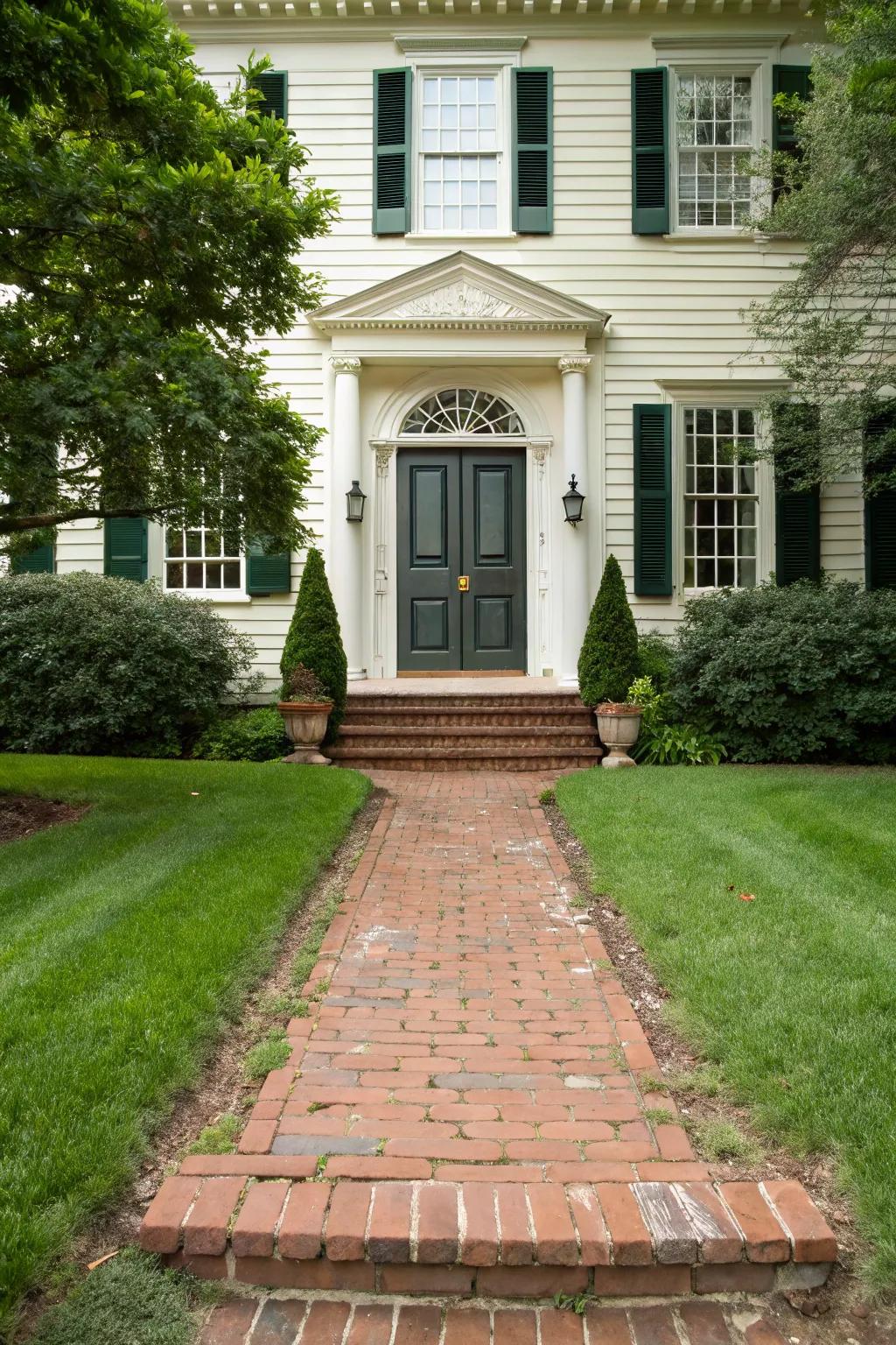 Brick walkways add classic charm and guide guests to the colonial portal.