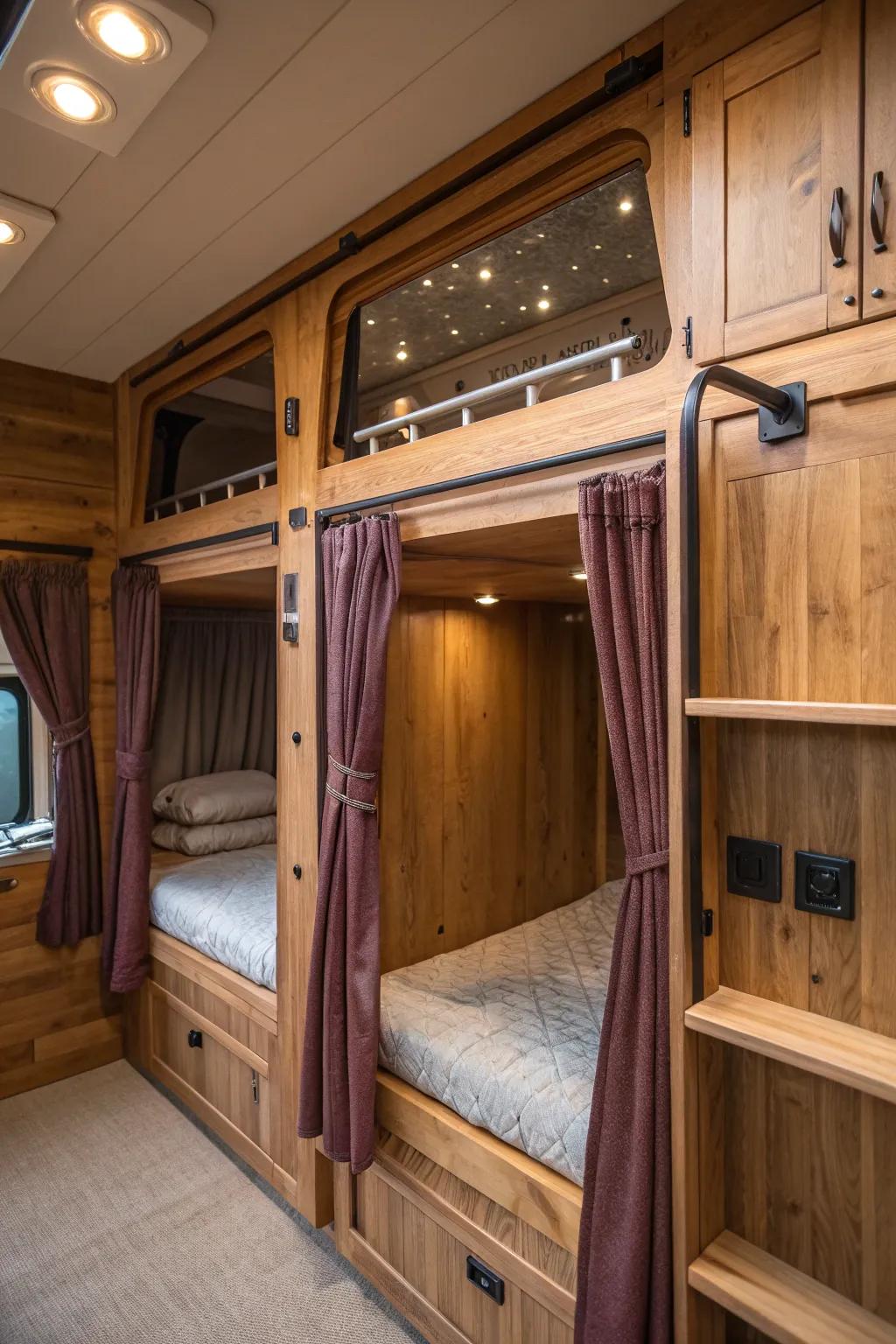 Made for comfort: Find the art of privacy in your camper van with stylish curtain bunks.