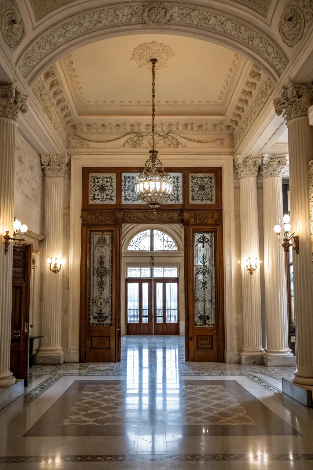 A stunning entranceway featuring high ceilings and elegant design.