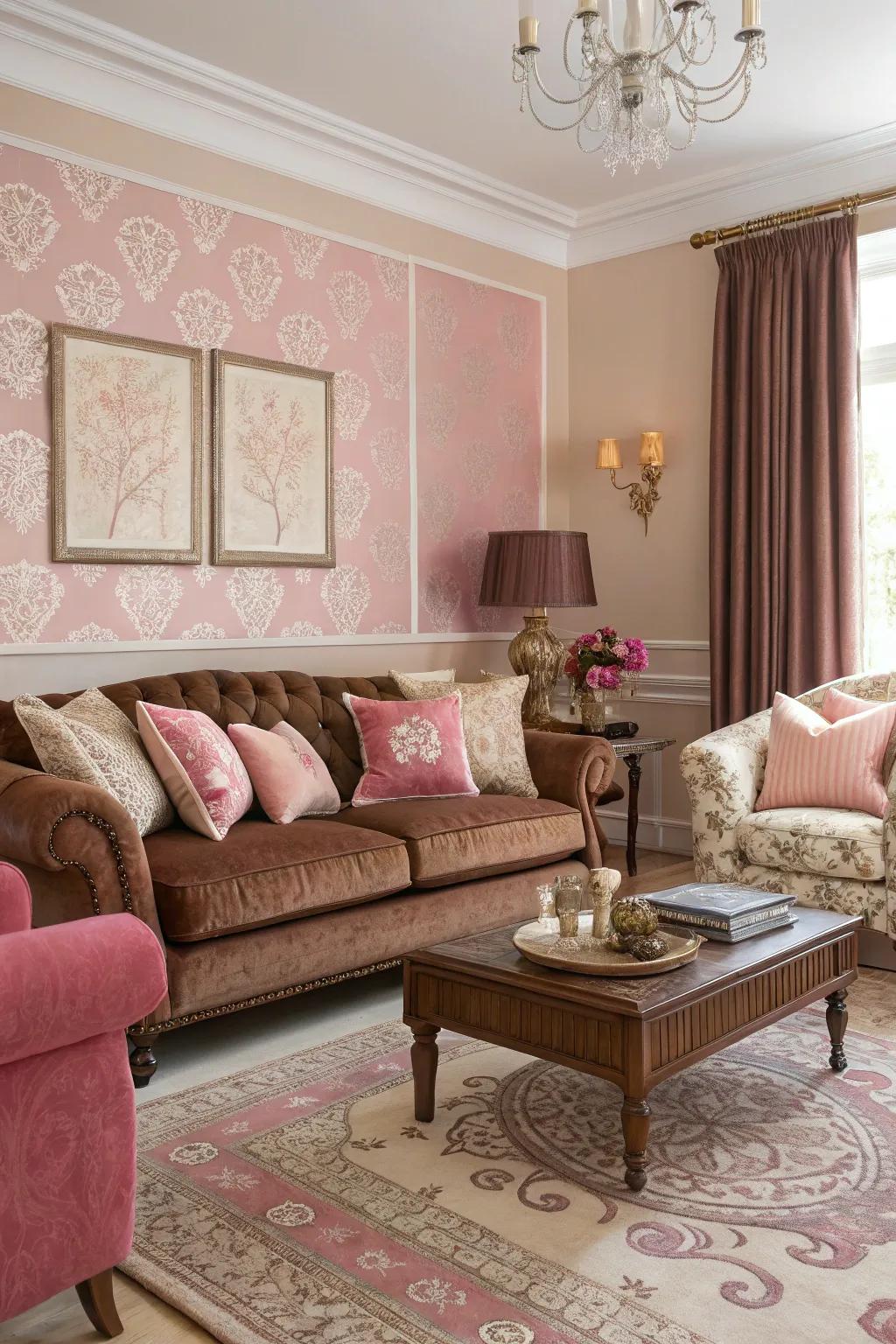Lively contrast with varying tones of rose and chocolate.