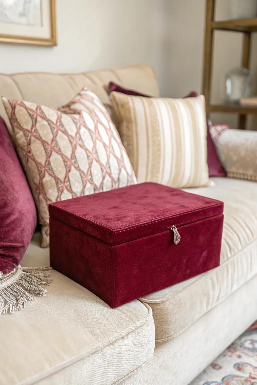 A luxurious velvet-encased box, suited for a cozy living space.