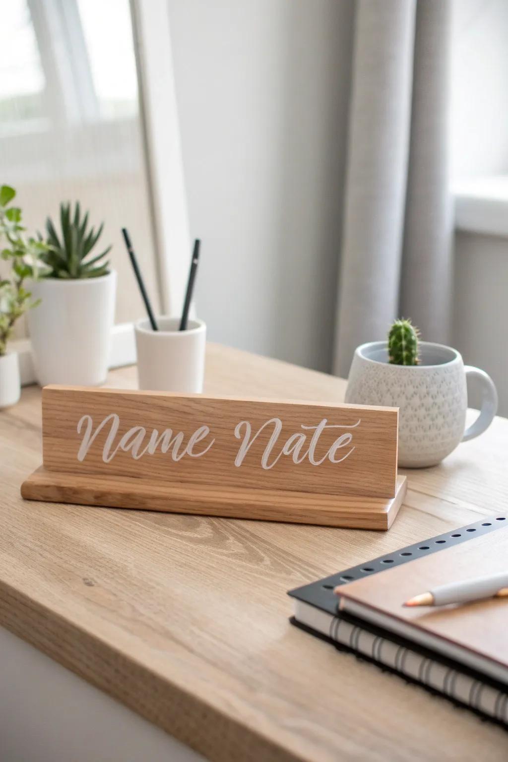 Add a personal touch to your workspace with a custom nameplate that inspires creativity daily.