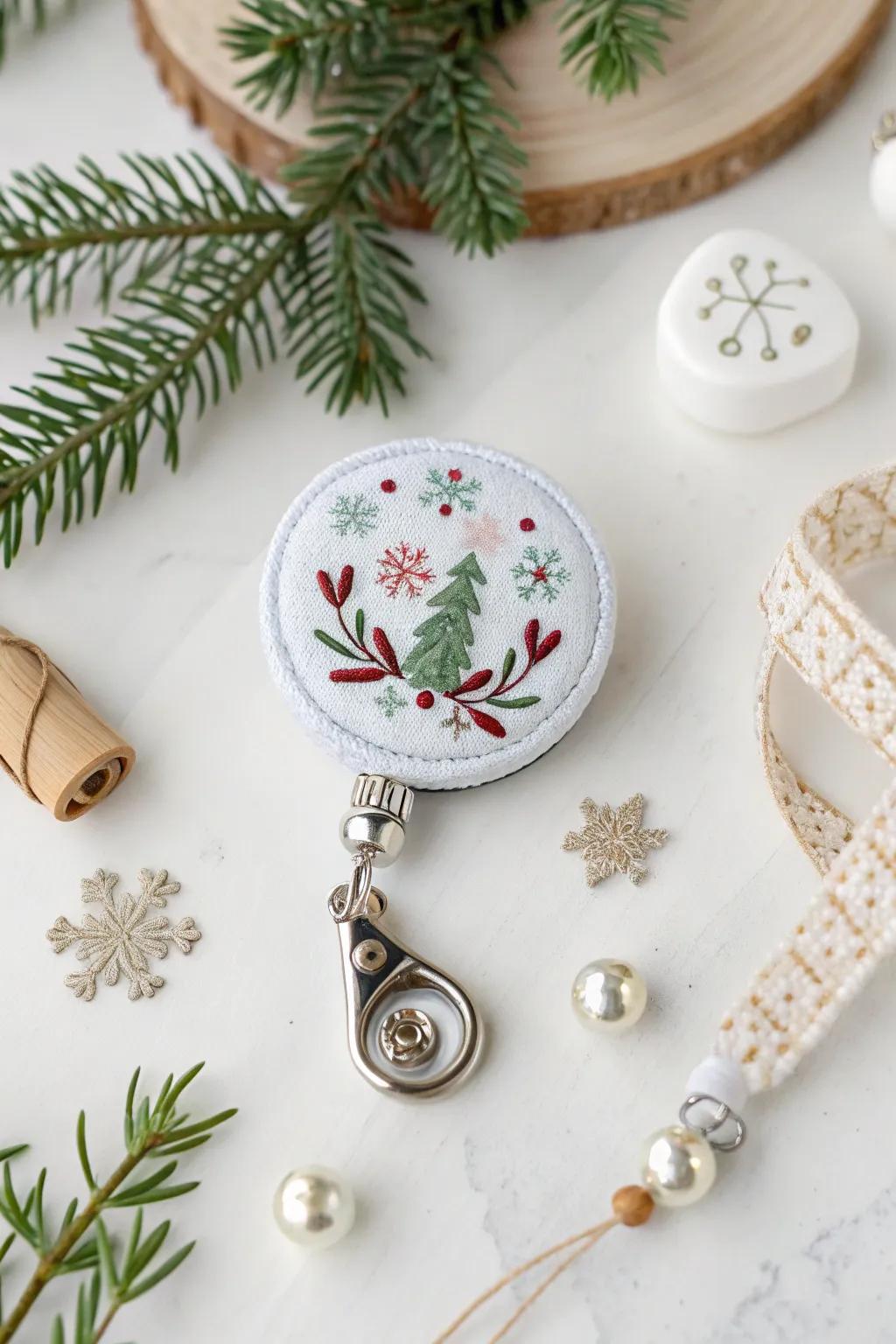 Bring holiday cheer to your workday with a festive badge reel that sparkles with seasonal joy.