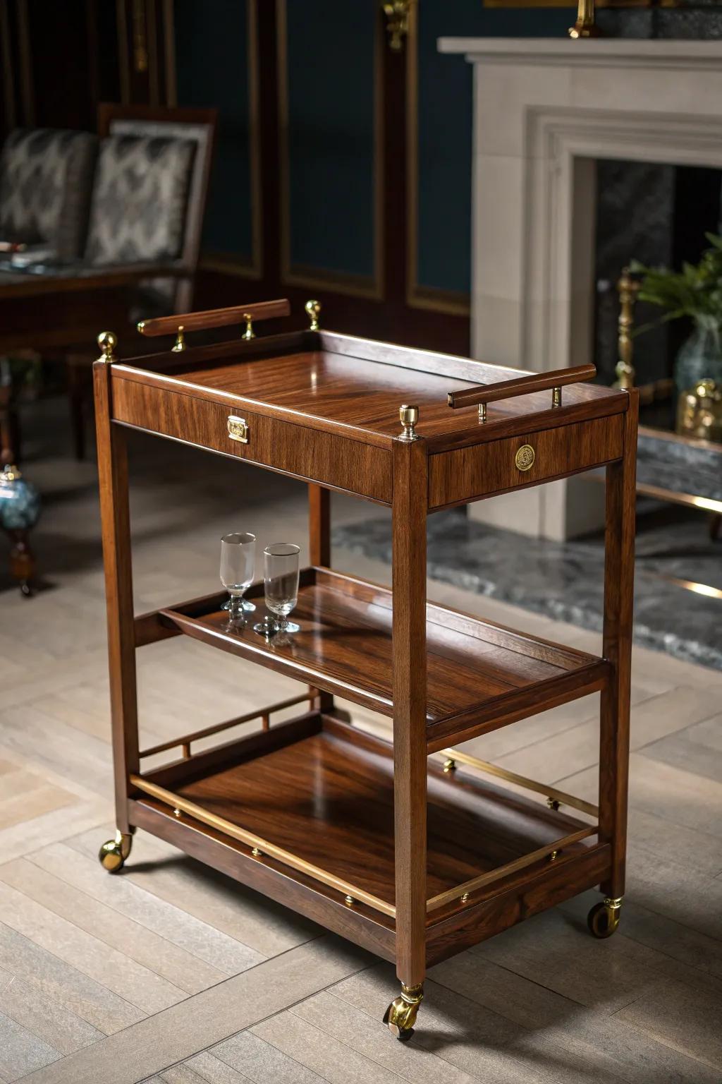 Elevate your hosting capabilities with an adaptable drinks trolley that epitomizes versatility and flair.