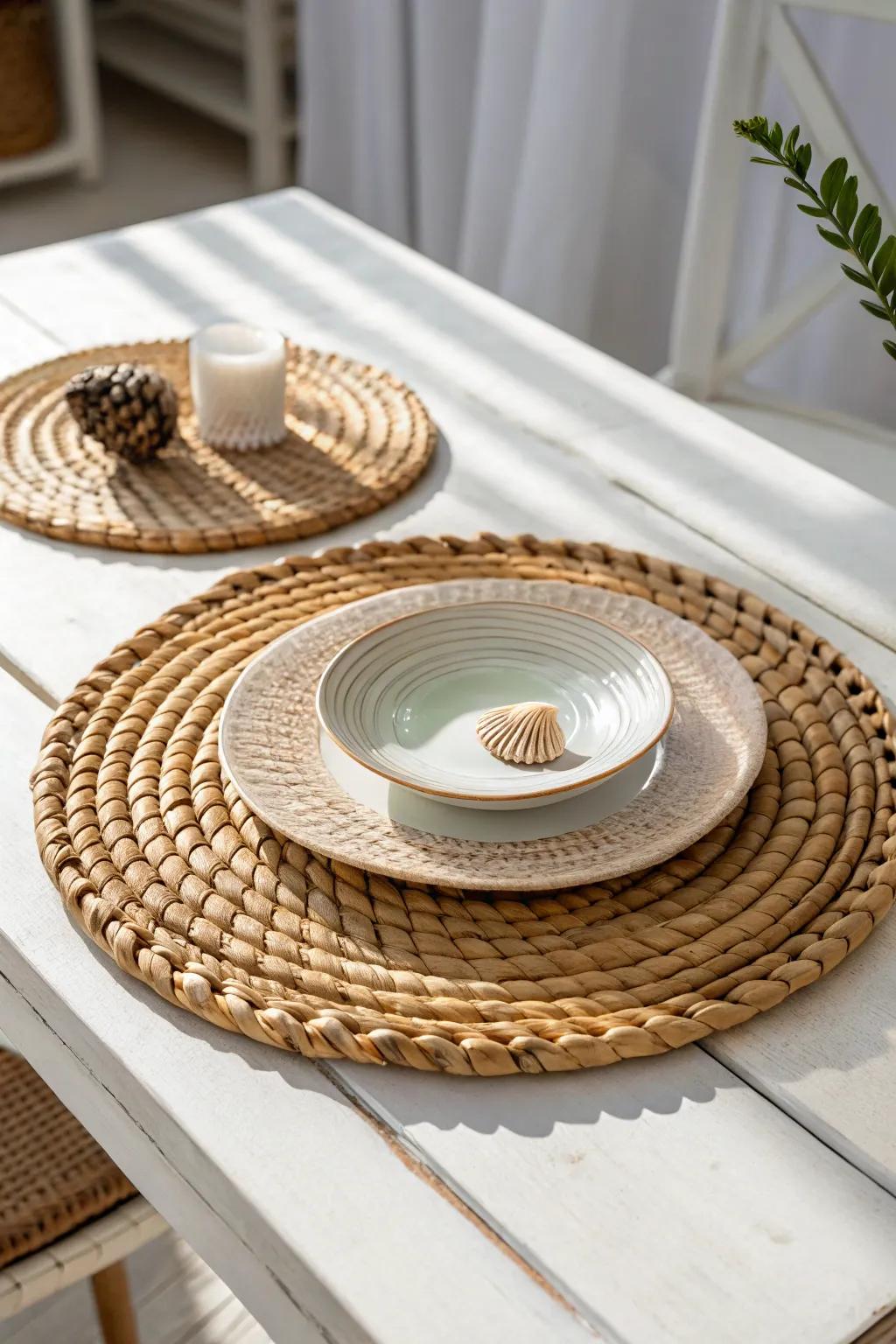 Elevate your table aesthetic via the effortless sophistication of rattan arrangements, conveying a hint of shoreside allure into your abode.