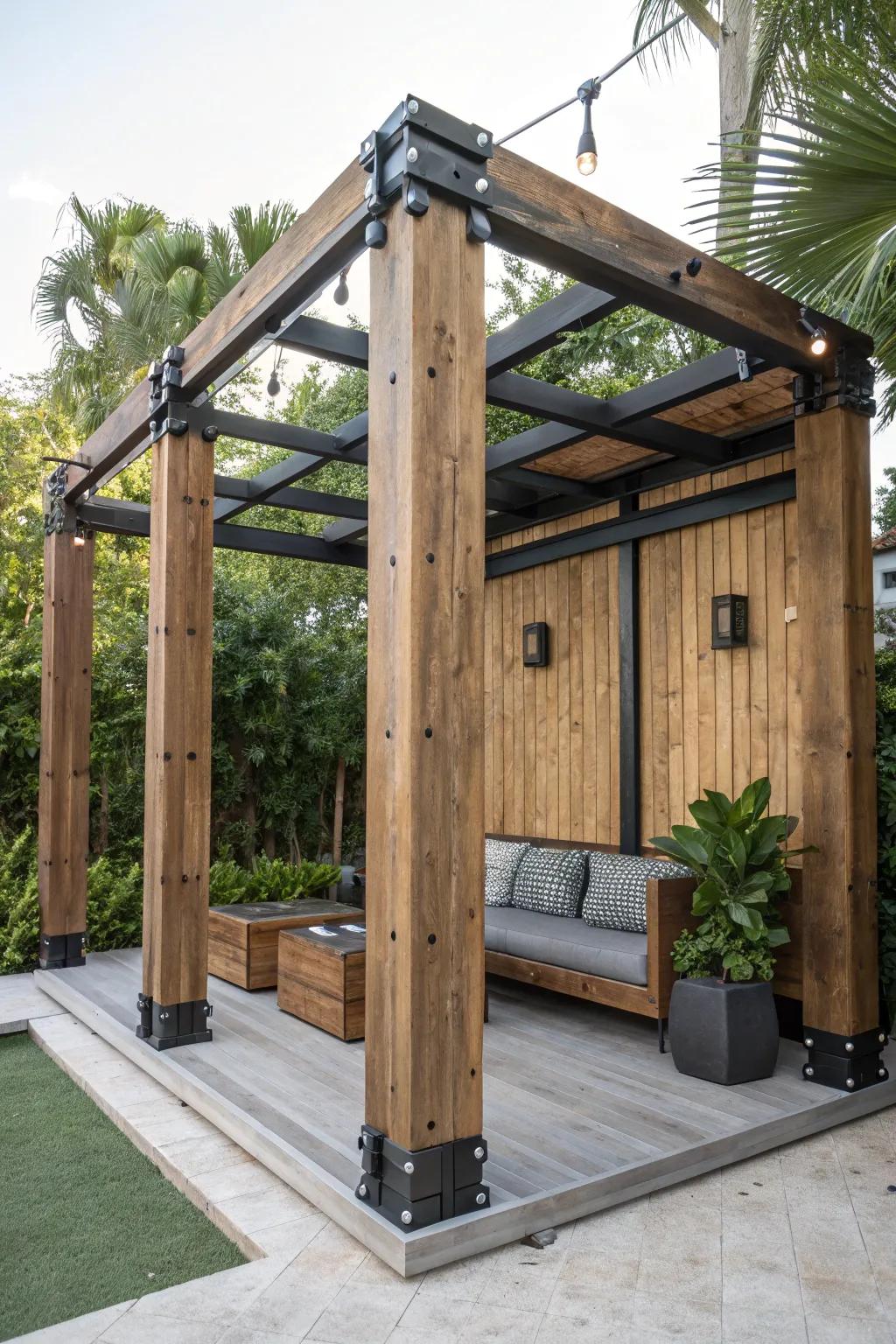 With an industrial chic shelter that blends raw wood and metal for a bold statement, you can elevate your backyard.