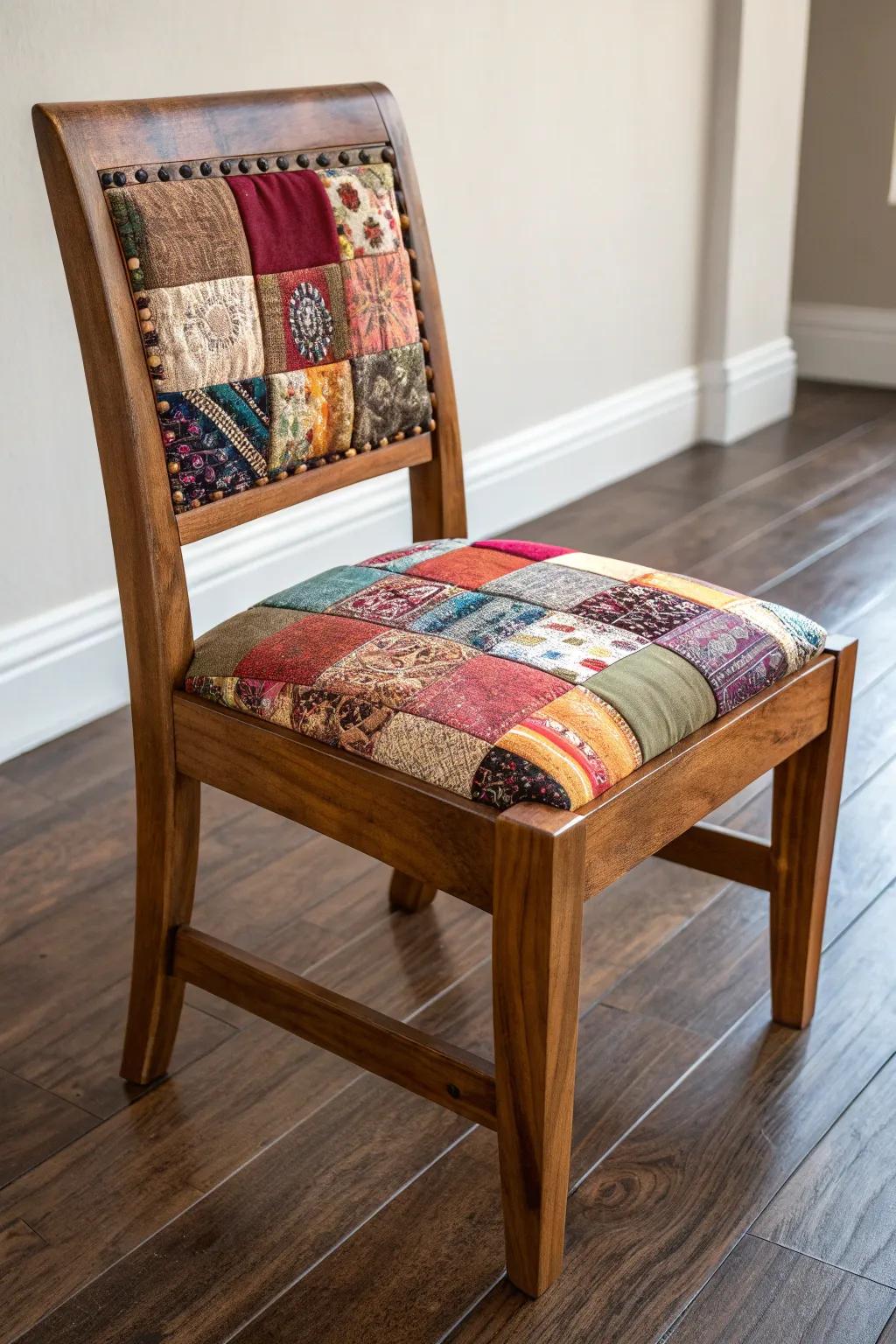 Transform your space with a flicker of innovation: Delve into textile fragment upholstery for a chair that speaks its own language.