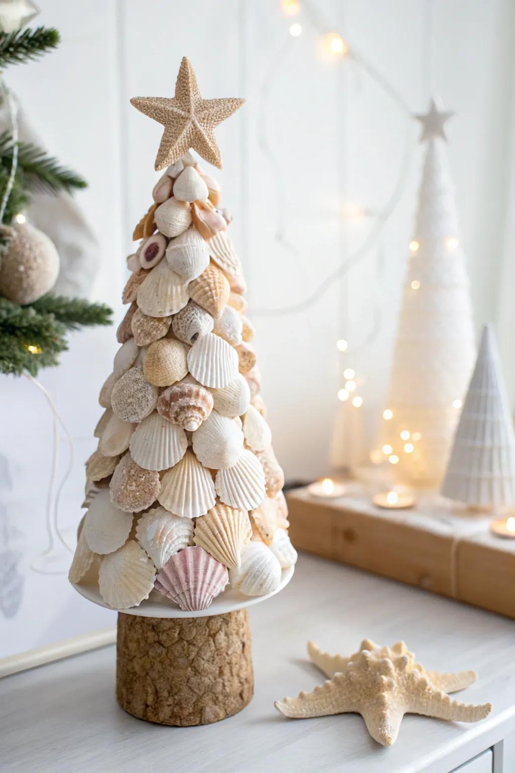 Transport the shore to your holiday décor featuring this stunning seashell Yule tree, ideally suited for a dash of coastal refinement.