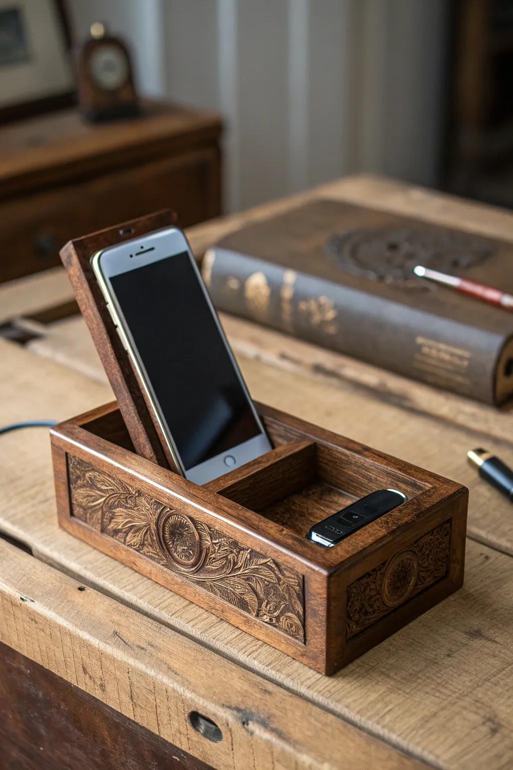 Enhance your desk with a handcrafted cigar container phone dock—where elegance meets functionality.