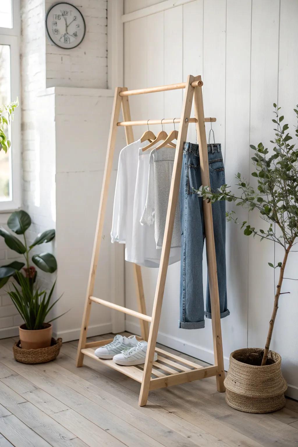 Embrace simplicity and sustainability with this chic platform lumber garment stand, a quintessential fusion of uncluttered style and homespun charm.