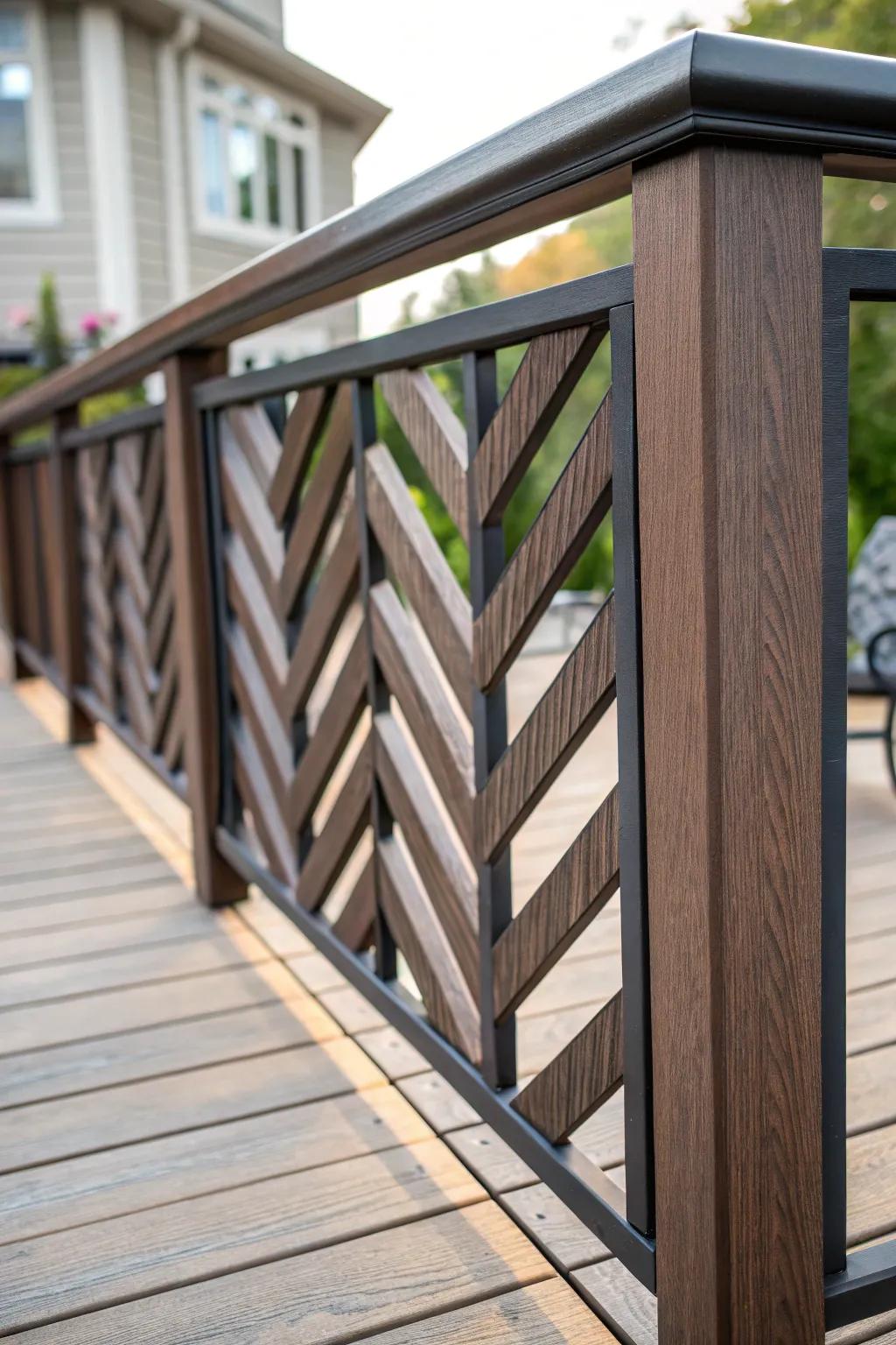 Elevate your deck with a smooth chevron railing that mixes artistry with modern design.