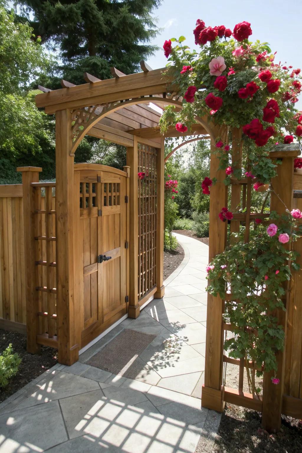 Elevate your dog run with an elegant bower adorned with climbing roses, blending craftsmanship with nature's beauty.