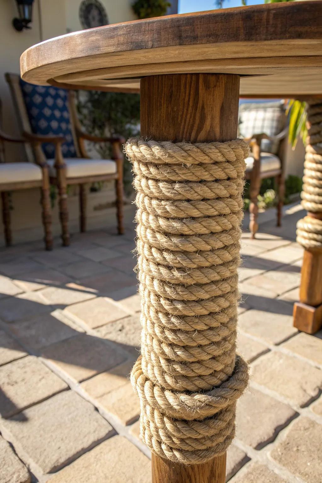 Enhance your exterior table with nautical magnetism utilizing bespoke braided twine accents.