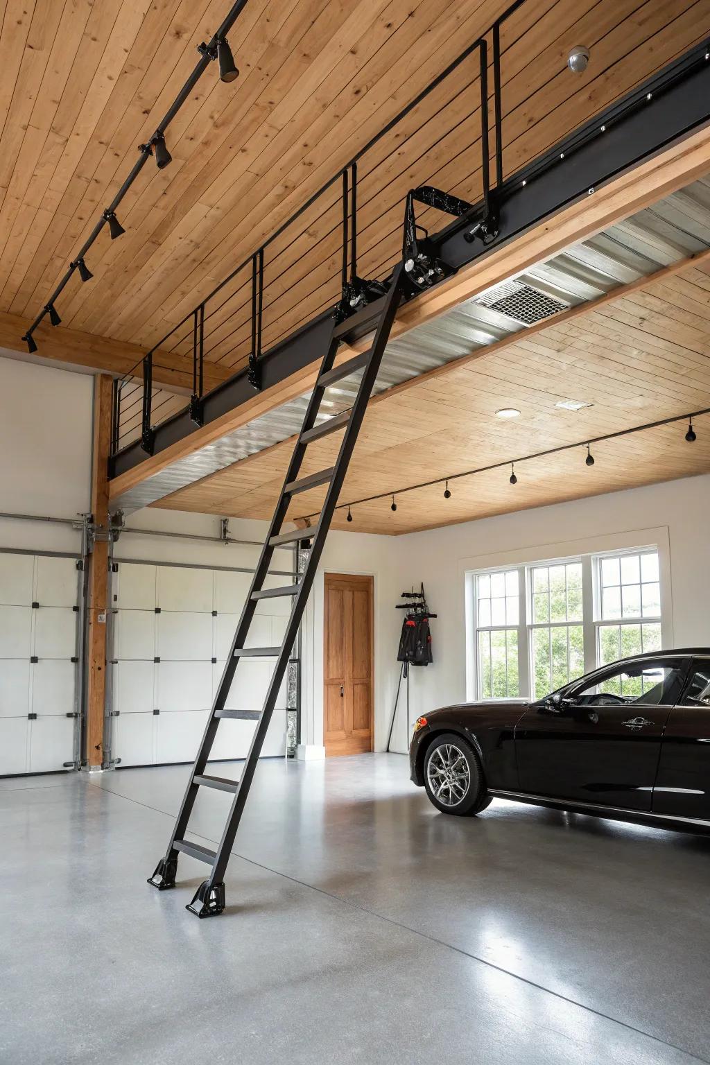 Refine your garage setting through chic overhead ladder storage.