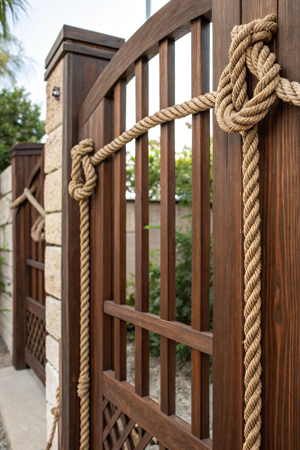 Elevate your garden's entrance with rustic fiber highlights that merge artistry and nature.