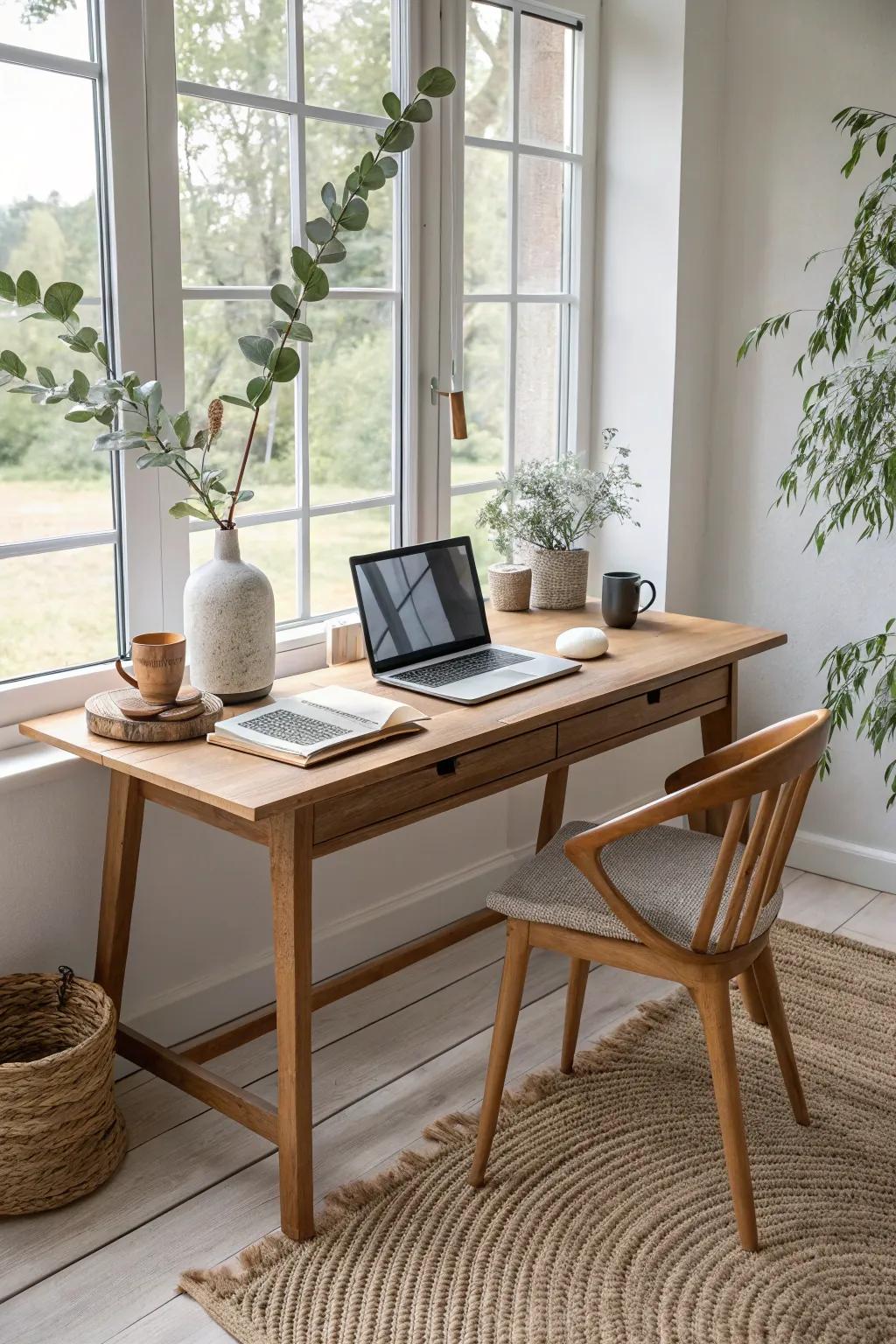 Embrace unpretentiousness and natural illumination in your garden workspace for a productive and peaceful workday.