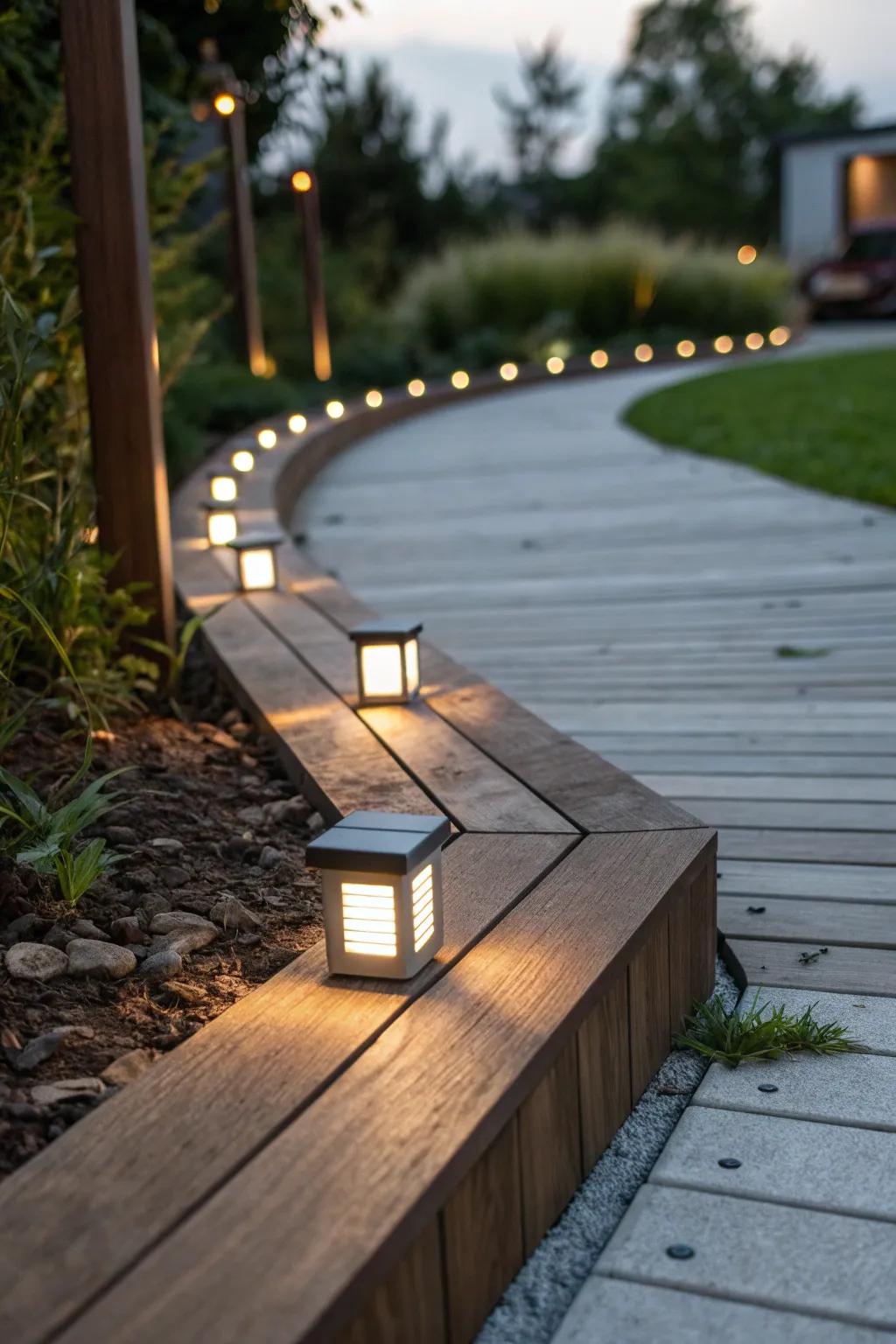Illuminate your path with elegance and craftsmanship: Solar-lit timber edging for a magical night glow.