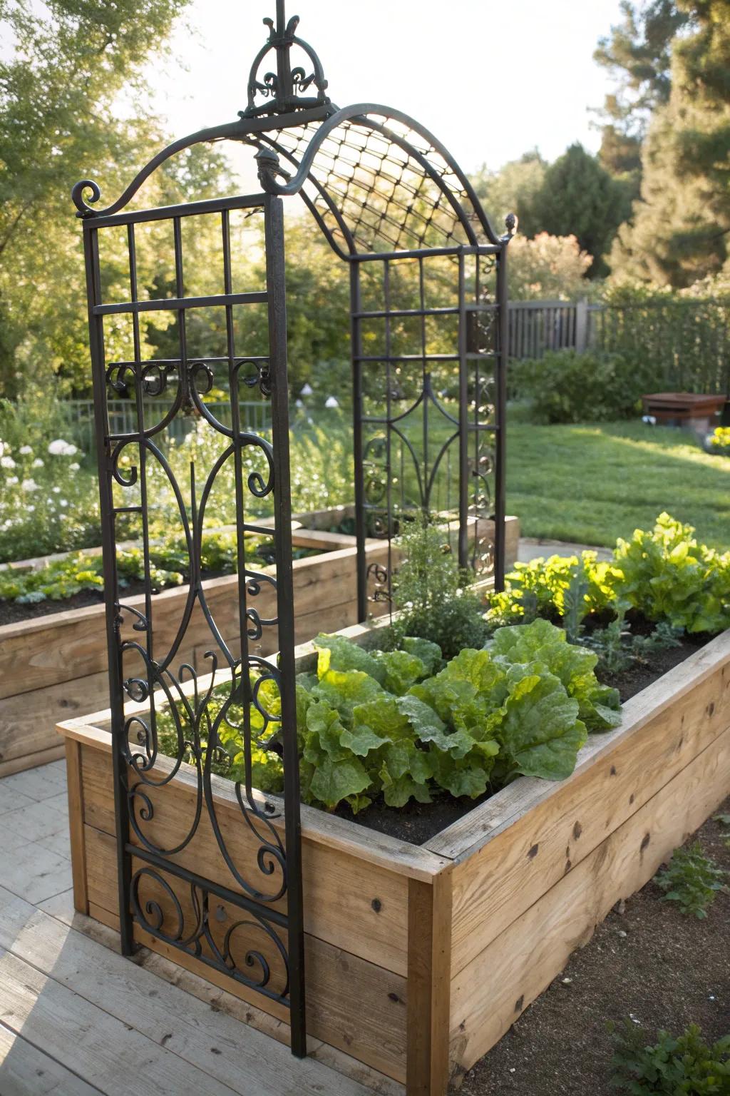 Elevate your garden game with a handcrafted metal trellis in a raised bed—where functionality meets artistry.