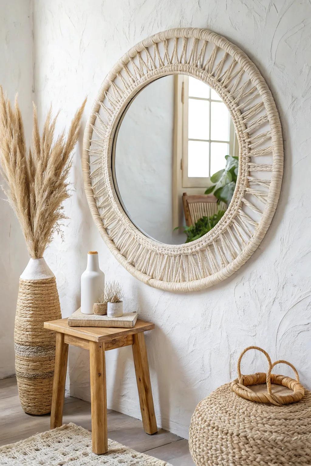 Revitalize your dwelling with a hint of boho elegance utilizing a raffia-enwrapped mirror.